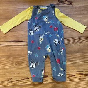 Disney yellow long sleeve‎ bodysuit gray Disney overall pants set SIZE 24M